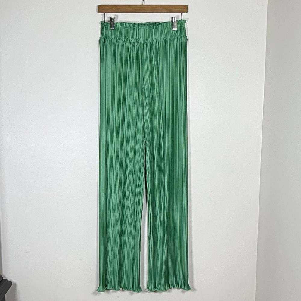 ODDY Womens Pleated Pants Size M Kelly Green Elastic Waist Satin Wide Leg Resort - Picture 2 of 8